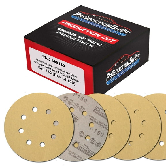 ProductionShop Premium 150 Grit 5" Gold Sanding Discs, 8-Hole Pattern, Box of 100 - Dustless Hook & Loop Backing Sandpaper for DA & Random Orbital Sanders, Sand Auto Paint, Wood Woodworking Furniture