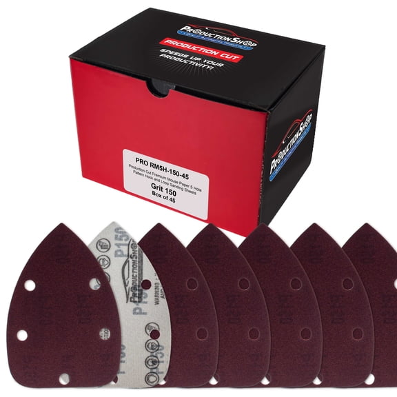 ProductionShop Premium 150 Grit 5-Hole Pattern Mouse Detail Sander Sandpaper Sheets, Box of 45 - Dustless Hook & Loop Triangle Shaped Mouse Disc Pads - Woodworking Tool Sand Wood Furniture Auto Paint