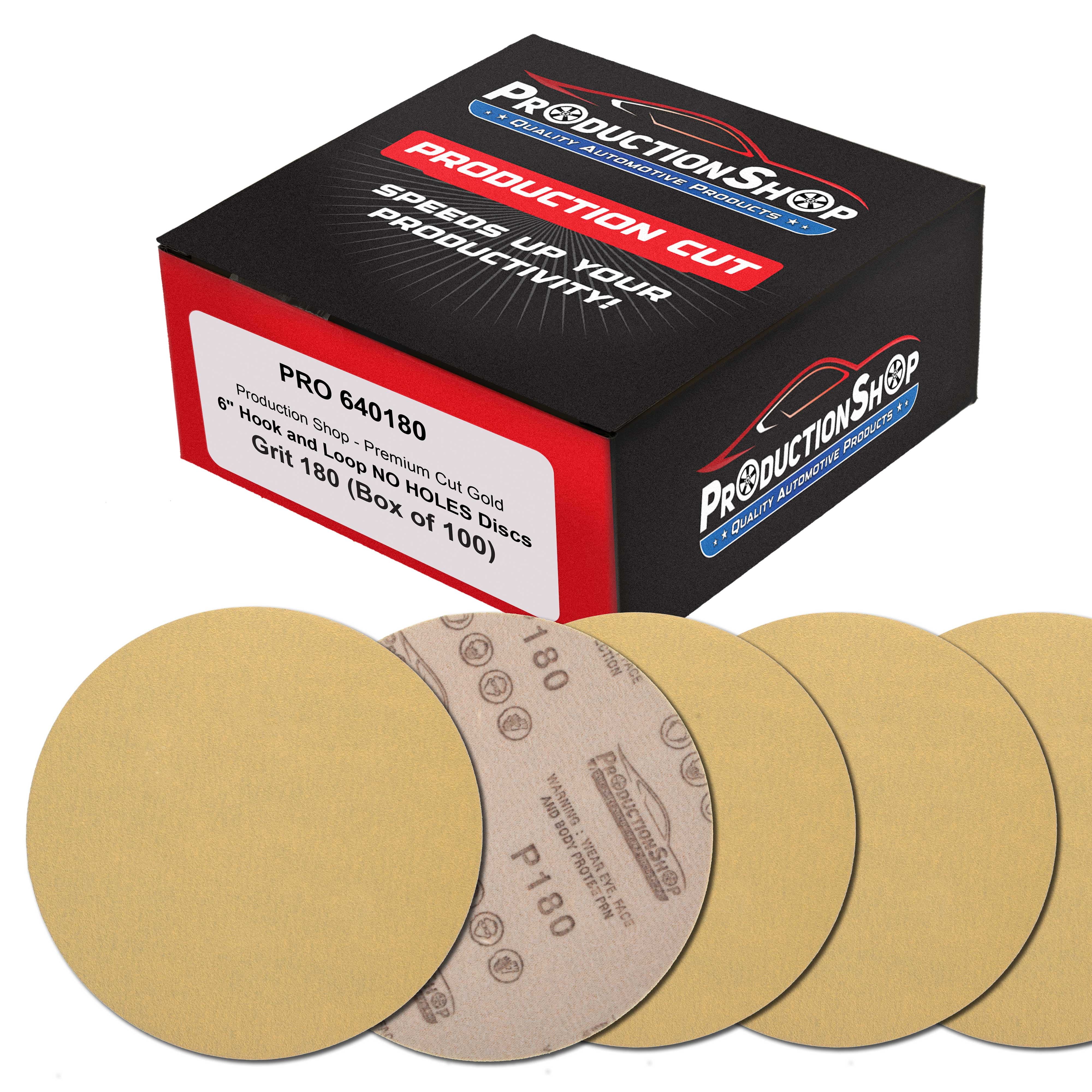 ProductionShop Premium 180 Grit 6" Gold Sanding Discs, Box of 100 - Hook & Loop Backing Abrasive Sandpaper for DA & Random Orbital Sanders - Sand Automotive Paint, Metal, Wood, Woodworking Furniture