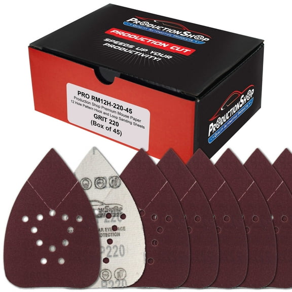 ProductionShop Premium 220 Grit 12-Hole Pattern Mouse Detail Sander Sandpaper Sheets, Box of 45 - Dustless Hook & Loop Triangle Shaped Mouse Disc Pads - Fits Black & Decker Woodworking Wood Furniture