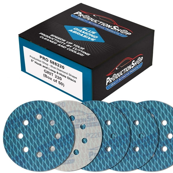 ProductionShop Premium 220 Grit 5" Rhombus Diamond Shape Blue Sanding Discs, 8-Hole, Box of 50 - Hook & Loop Anti-Clogging J-Cloth Dustless Sandpaper for Random Orbital Sanders, Sand Auto Paint