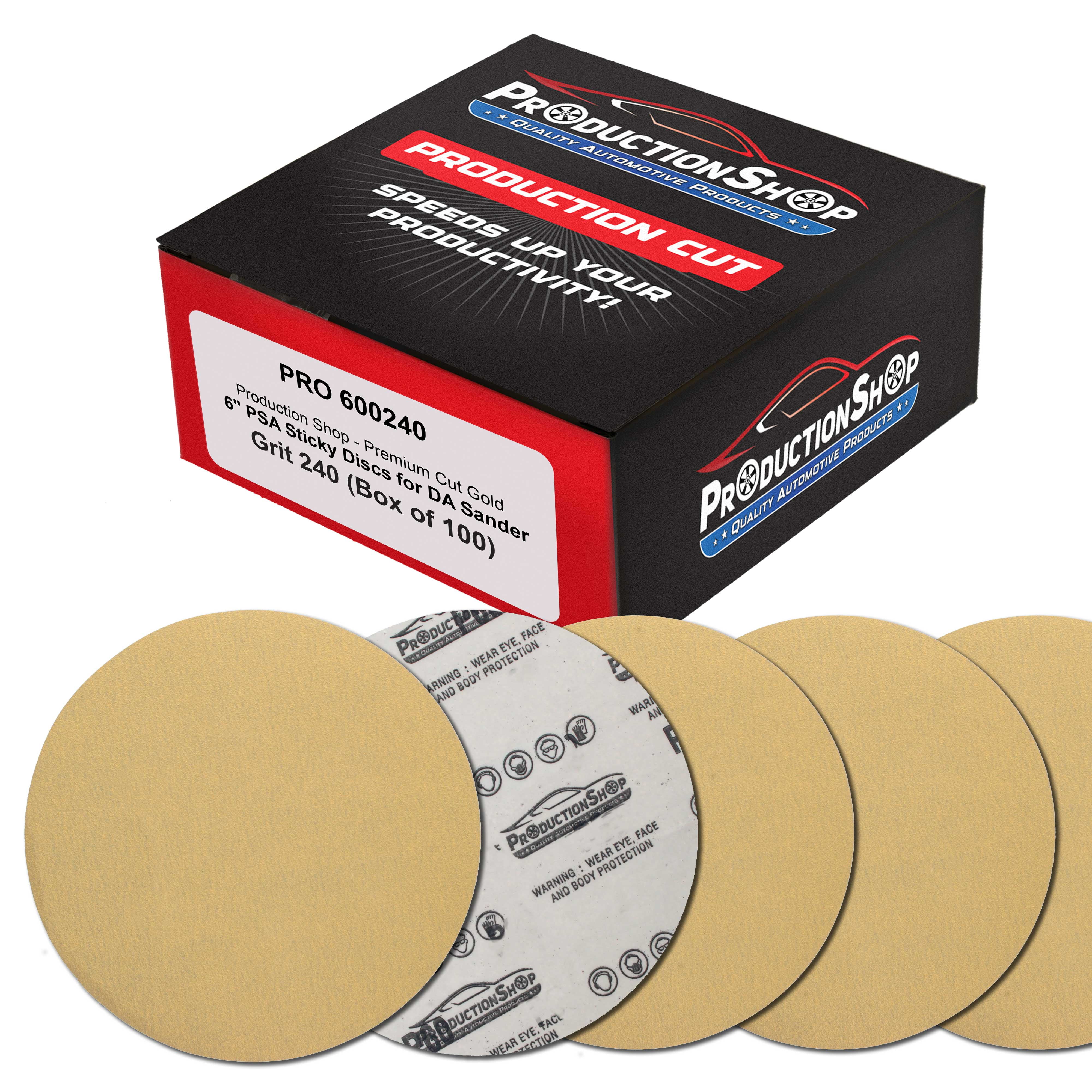 ProductionShop Premium 240 Grit 6" PSA Gold Sanding Discs, Box of 100 - Self Adhesive Stickyback Abrasive Sandpaper for DA & Random Orbital Sanders - Sand Auto Paint Metal, Wood Woodworking Furniture