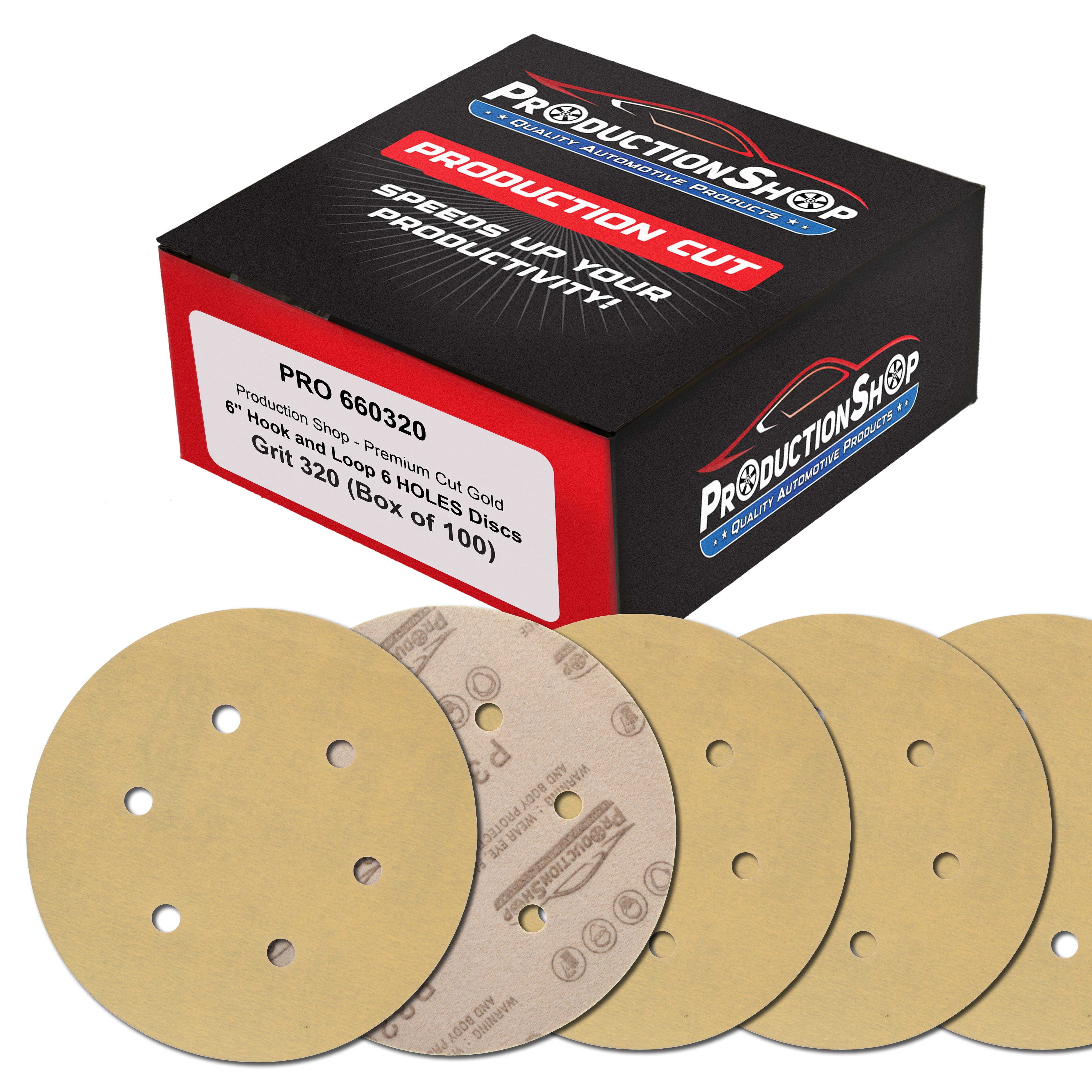 ProductionShop Premium 320 Grit 6" Gold Sanding Discs, 6-Hole Pattern, Box of 100 - Dustless Hook & Loop Backing Sandpaper for DA & Random Orbital Sanders, Sand Auto Paint, Wood Woodworking Furniture