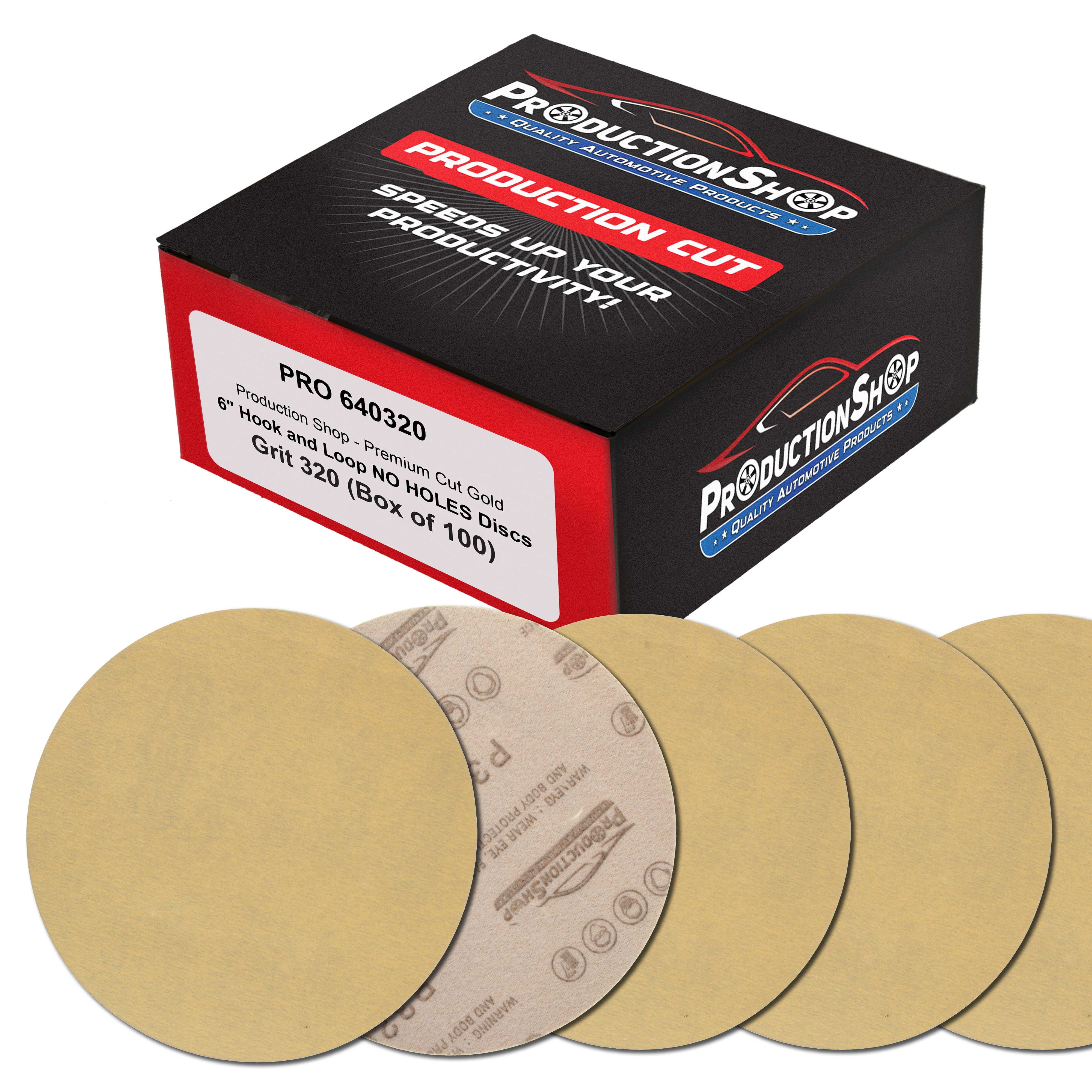 ProductionShop Premium 320 Grit 6" Gold Sanding Discs, Box of 100 - Hook & Loop Backing Abrasive Sandpaper for DA & Random Orbital Sanders - Sand Auto Paint, Metal, Wood, Woodworking Furniture