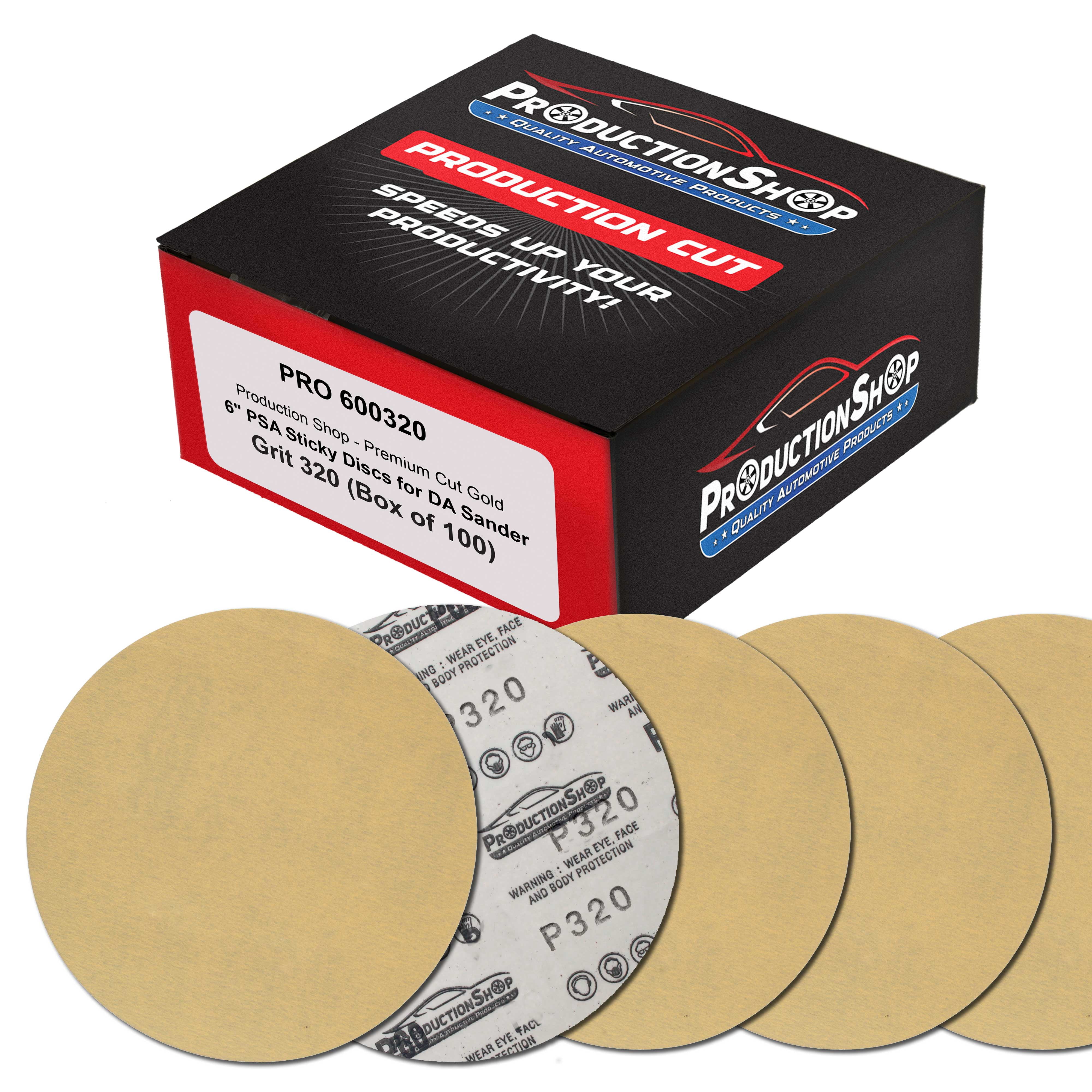 ProductionShop Premium 320 Grit 6" PSA Gold Sanding Discs, Box of 100 - Self Adhesive Stickyback Abrasive Sandpaper for DA & Random Orbital Sanders - Sand Auto Paint Metal, Wood Woodworking Furniture