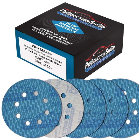 ProductionShop Premium 400 Grit 5" Rhombus Diamond Shape Blue Sanding Discs, 8-Hole, Box of 50 - Hook & Loop Anti-Clogging J-Cloth Dustless Sandpaper for Random Orbital Sanders, Sand Auto Paint
