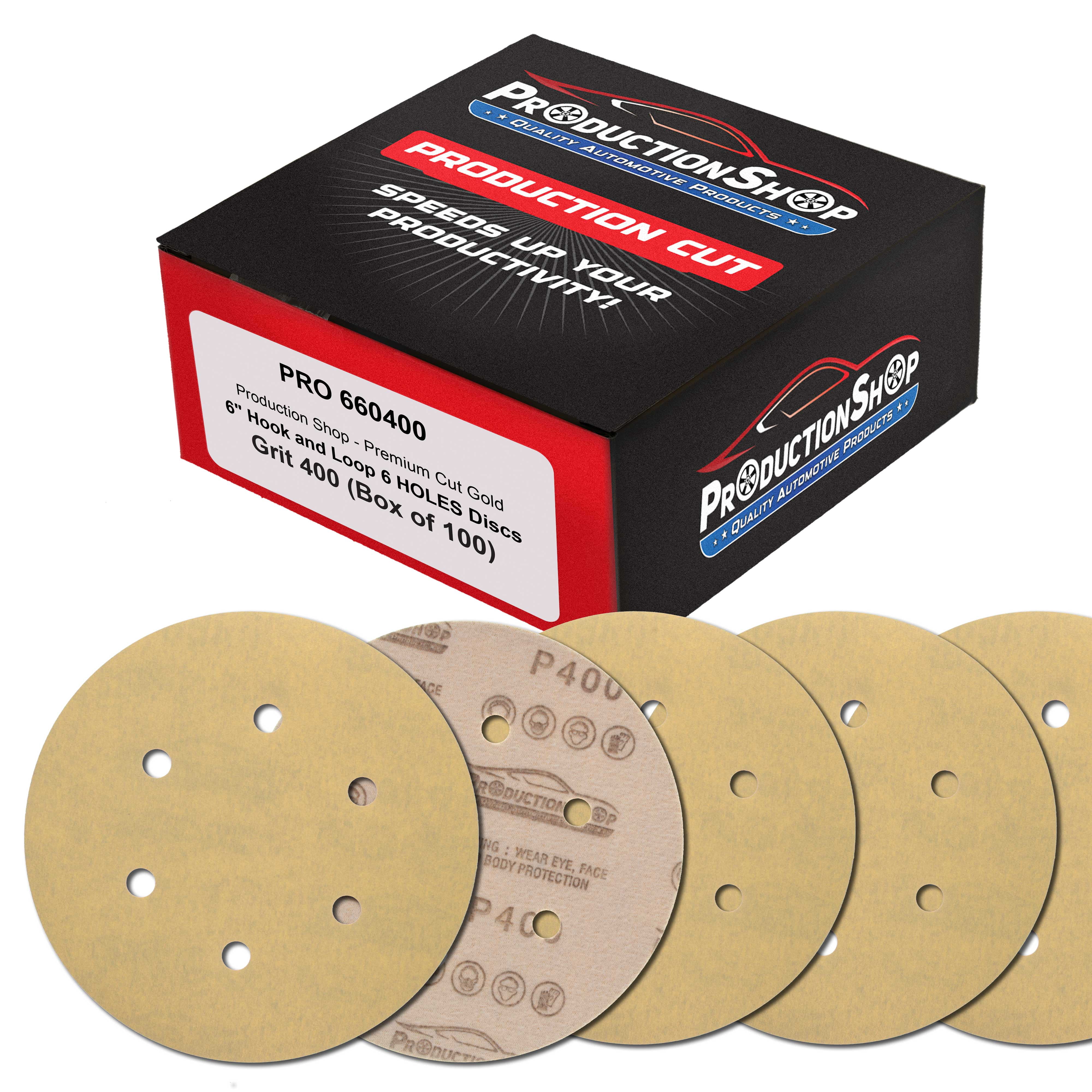 ProductionShop Premium 400 Grit 6" Gold Sanding Discs, 6-Hole Pattern, Box of 100 - Dustless Hook & Loop Backing Sandpaper for DA & Random Orbital Sanders, Sand Auto Paint, Wood Woodworking Furniture