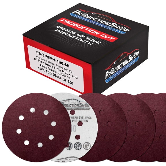 ProductionShop Premium 5" Red 8-Hole Pattern 100 Grit Sanding Discs, Box of 50 - Dustless Hook & Loop Backing Sandpaper for Random Orbital Sanders, Medium-Cut Abrasive - Woodworking, Sand Auto Paint