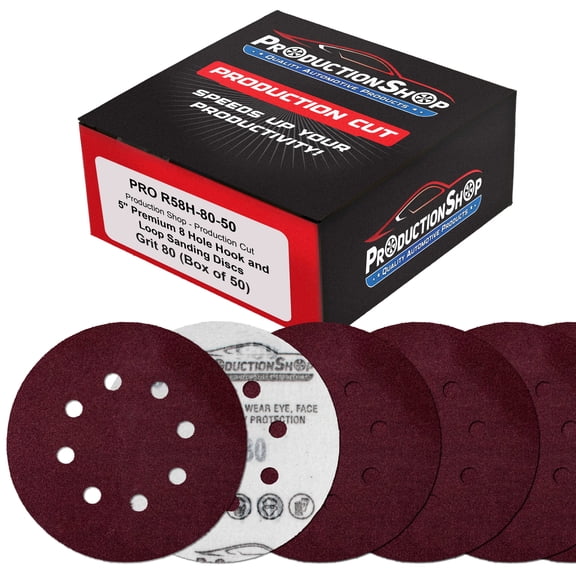 ProductionShop Premium 5" Red 8-Hole Pattern 80 Grit Sanding Discs, Box of 50 - Dustless Hook & Loop Backing Sandpaper for Random Orbital Sanders, Medium-Coarse-Cut Abrasive - Woodworking, Auto Paint