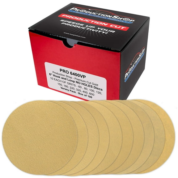 ProductionShop Premium 6" Gold Sanding Discs, 100 Disc Variety Pack, Grits 60, 80, 100, 120, 150, 180, 220, 320, 400, 600 - Hook & Loop Sandpaper, DA, Random Orbital Sander - Sand Auto Paint, Wood