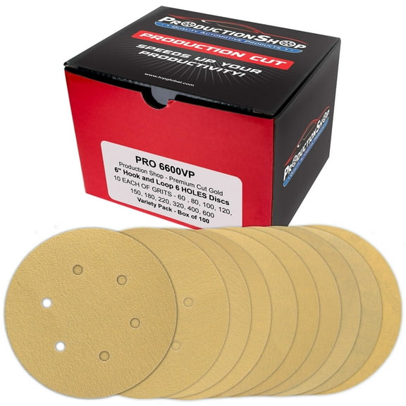ProductionShop Premium 6" Gold Sanding Discs, 6-Hole Pattern, 100 Disc Variety Pack, Grits 60, 80, 100, 120, 150, 180, 220, 320, 400, 600 - Hook & Loop Sandpaper, DA, Random Orbital Sander, Auto Wood