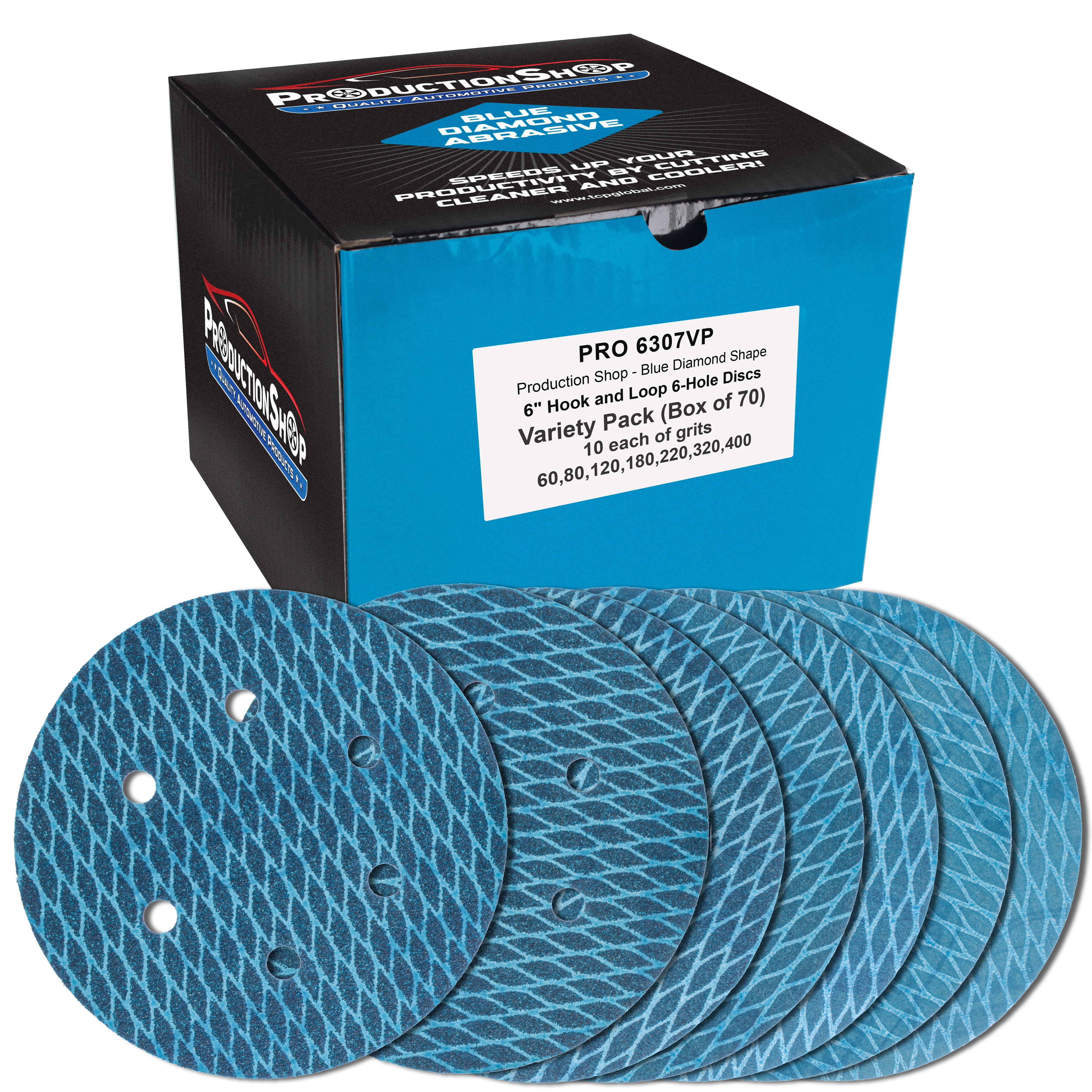 ProductionShop Premium 6" Rhombus Diamond Shape Blue Sanding Discs, 6-Hole, 70 Disc Variety Pack, Grits 60, 80, 120, 150, 180, 220, 320, 400 - Hook & Loop Sandpaper, Random Orbital Sanders