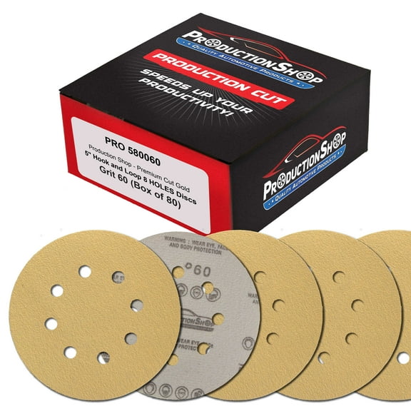 ProductionShop Premium 60 Grit 5" Gold Sanding Discs, 8-Hole Pattern, Box of 80 - Dustless Hook & Loop Backing Sandpaper for DA & Random Orbital Sanders, Sand Auto Paint, Wood, Woodworking Furniture