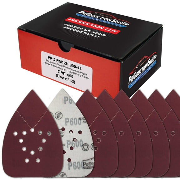 ProductionShop Premium 600 Grit 12-Hole Pattern Mouse Detail Sander Sandpaper Sheets, Box of 45 - Dustless Hook & Loop Triangle Shaped Mouse Disc Pads - Fits Black & Decker Woodworking Wood Furniture