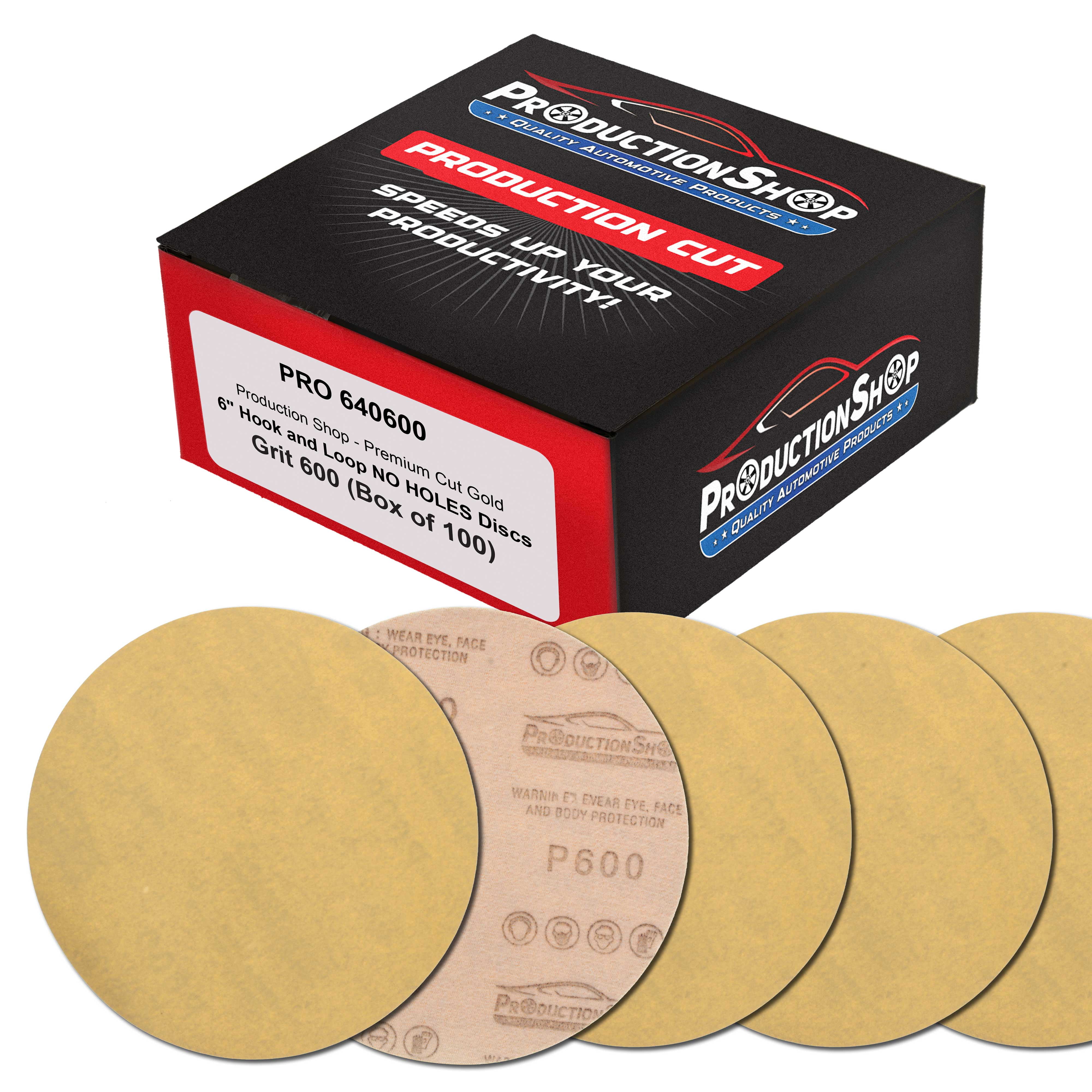 ProductionShop Premium 600 Grit 6" Gold Sanding Discs, Box of 100 - Hook & Loop Backing Abrasive Sandpaper for DA & Random Orbital Sanders - Sand Auto Paint, Metal, Wood, Woodworking Furniture