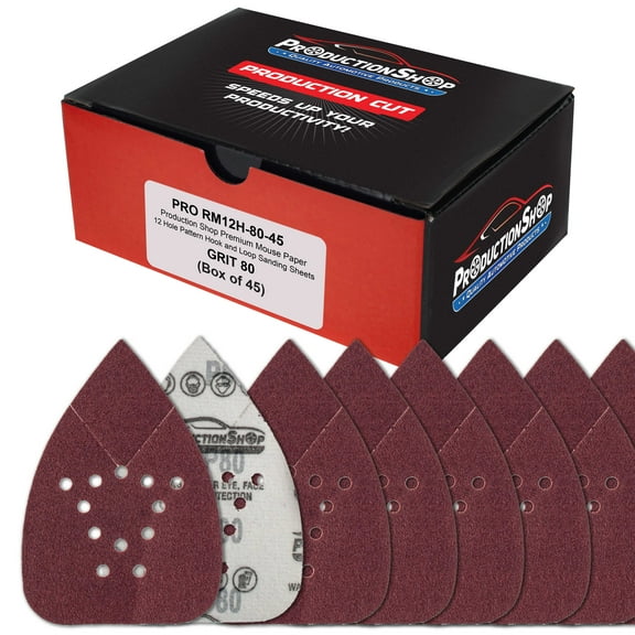 ProductionShop Premium 80 Grit 12-Hole Pattern Mouse Detail Sander Sandpaper Sheets, Box of 45 - Dustless Hook & Loop Triangle Shaped Mouse Disc Pads - Fits Black & Decker, Woodworking Wood Furniture
