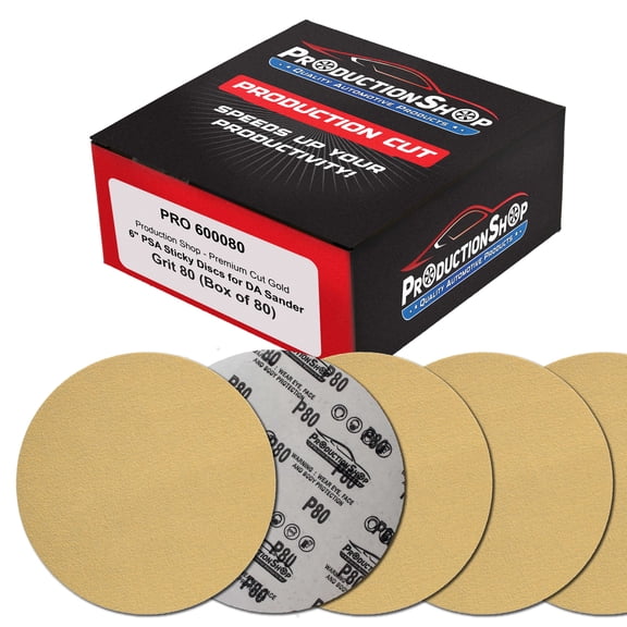 ProductionShop Premium 80 Grit 6" PSA Gold Sanding Discs, Box of 100 - Self Adhesive Stickyback Abrasive Sandpaper for DA & Random Orbital Sanders - Sand Auto Paint Metal, Wood Woodworking Furniture