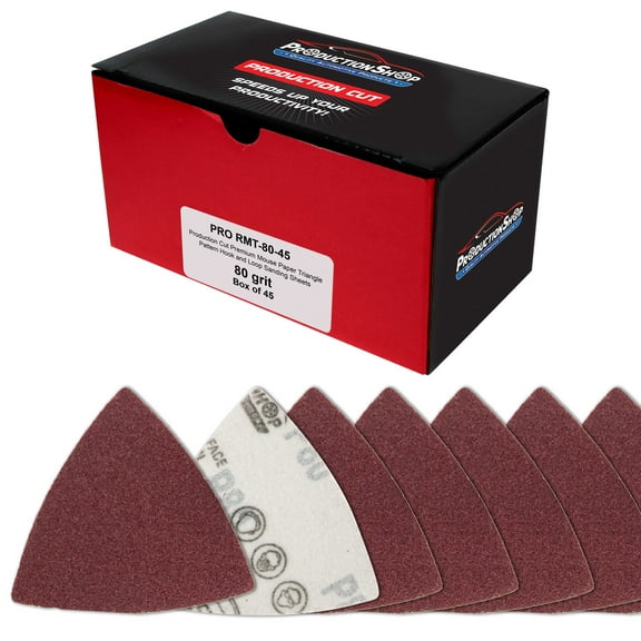 ProductionShop Premium 80 Grit Triangle Mouse Detail Sander Sandpaper Sheets, Box of 45 - Hook & Loop, Triangular Shaped Mouse Disc Pads - Oscillating Multi-Tools - Woodworking, Sand Furniture Paint