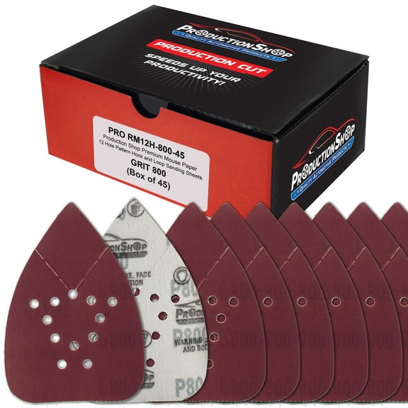 ProductionShop Premium 800 Grit 12-Hole Pattern Mouse Detail Sander Sandpaper Sheets, Box of 45 - Dustless Hook & Loop Triangle Shaped Mouse Disc Pads - Fits Black & Decker Woodworking Wood Furniture