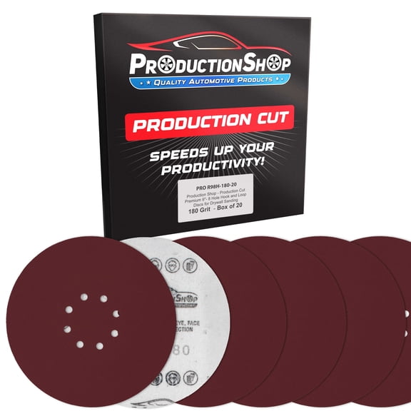 ProductionShop Premium 9" Red 8-Hole Pattern 180 Grit Sanding Discs, Box of 20 - Dustless Hook & Loop Backing Sandpaper for Drywall Power Sanders, Medium-Cut Abrasive - Woodworking, Sand Auto Paint