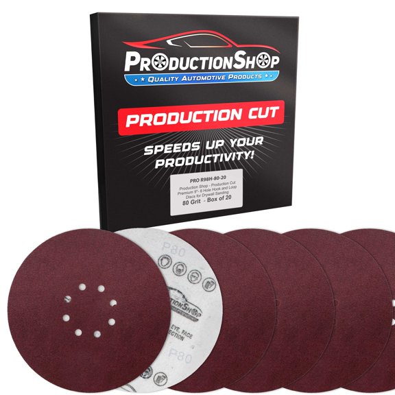 ProductionShop Premium 9" Red 8-Hole Pattern 80 Grit Sanding Discs, Box of 20 - Dustless Hook & Loop Backing Sandpaper for Drywall Power Sanders, Coarse-Cut Abrasive - Woodworking, Sand Auto Paint