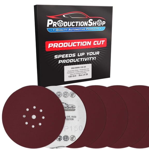 ProductionShop Premium 9" Red 9-Hole Pattern 150 Grit Sanding Discs, Box of 20 - Dustless Hook & Loop Backing Sandpaper for Drywall Power Sanders, Medium-Cut Abrasive - Woodworking, Sand Auto Paint