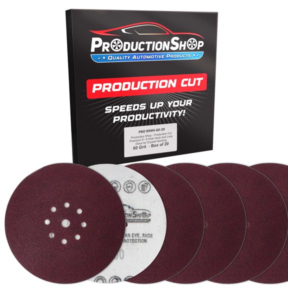 ProductionShop Premium 9" Red 9-Hole Pattern 60 Grit Sanding Discs, Box of 20 - Dustless Hook & Loop Backing Sandpaper for Drywall Power Sanders, Coarse-Cut Abrasive - Woodworking, Sand Auto Paint