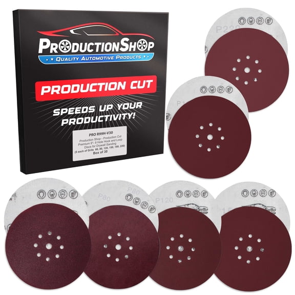 ProductionShop Premium 9" Red 9-Hole Pattern Sanding Discs, 30 Disc Variety Pack, Grits 60, 80, 120, 150, 180, 220 - Dustless Hook & Loop Backing Sandpaper for Drywall Power Sander, Woodworking Paint