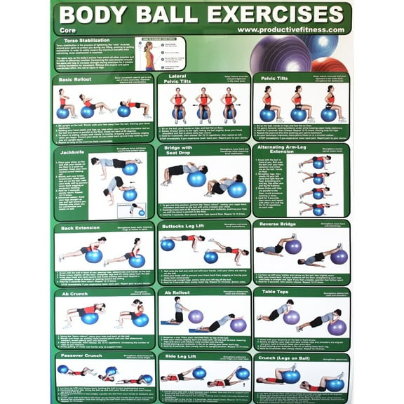 Productive Fitness and Health Instructional Poster Core Body Ball Exercise Chart
