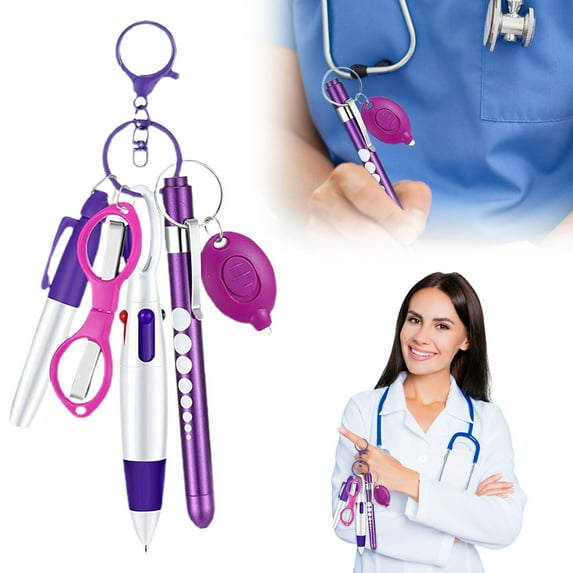&Craft&Stationery 6-Pen Set with Retractable Ballpoint Marker Pens Keychain Clip Scissor Light LED Flashlight Accessories