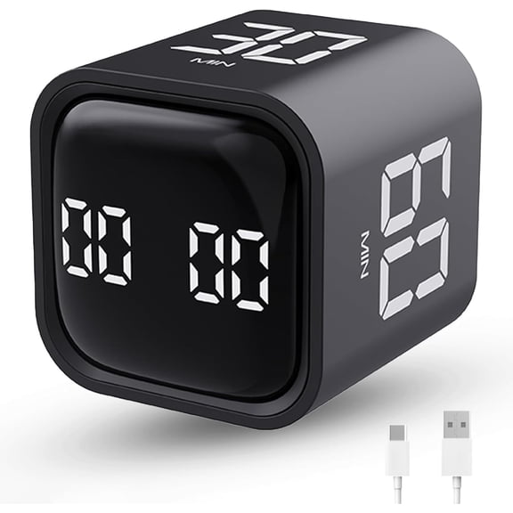 Productivity Flip Gravity Sensor Cube Countdown & Countup,Mute & Vibrate & Sound5/10/30/60min & Custom Timing, Perfect for ADHD,Work,Learning,Kitchen Cooking (1Black)