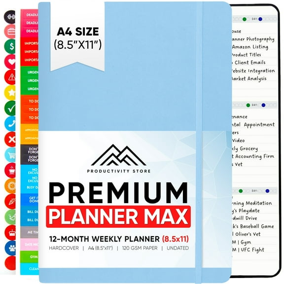 Productivity Store 2024 Planner 8.5 x 11 Pro Max - Undated 12 Month Calendar 2024 Planner - Monthly Planner, Weekly Planner & Daily Planner 2024-2025 - Light Blue - A4