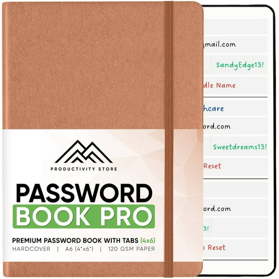 Productivity Store Leather Password Organizer with Alphabetical Tabs, 52 Pages, 4x5.5 Inches