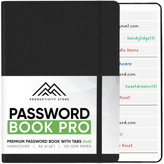 Productivity Store Password Book with Alphabetical Tabs, Personal Organizer with Black Cover