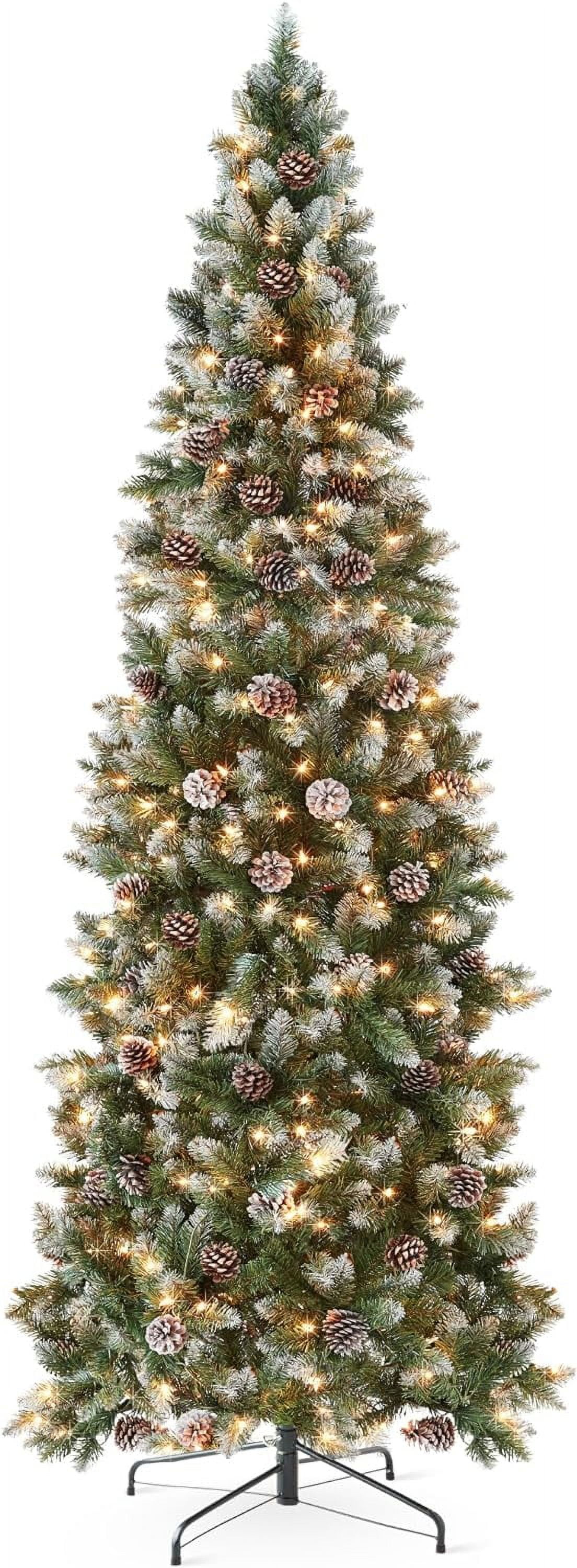 7.5ft Pre-Lit Flocked Pencil Christmas Tree with Pine Cones and Lights