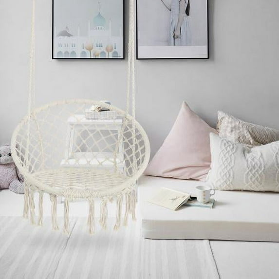 Products Hammock Chair Macrame Swing, Boho Style Rattan Chair Hanging Macrame Hammock Swing Chairs for Indoor/Outdoor Home Patio Porch Yard Garden Deck, 265 Pound Capacity (Beige)