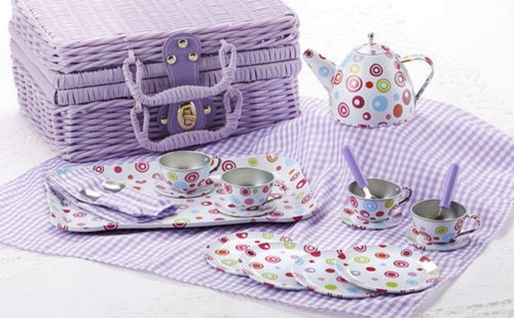 Delton製品鳥Tin Tea Set withバスケット18ピース、4&quot; Delton製品鳥Tin Tea Set withバスケット18ピース、4