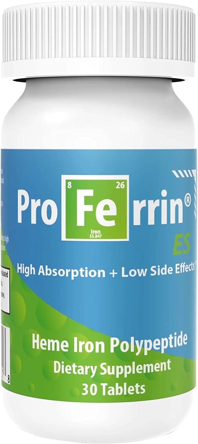 Proferrin ES- 10.5mg of high Absorbing Heme Iron Polypeptide. Made in The USA. 30 Tablets. Easy on The Gut. Not affected by Coffee, Calcium, or PPI's