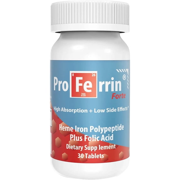 Proferrin Forte, 12mg Heme Iron Polypeptide, 1mg Folic Acid, 30 Tablets ...