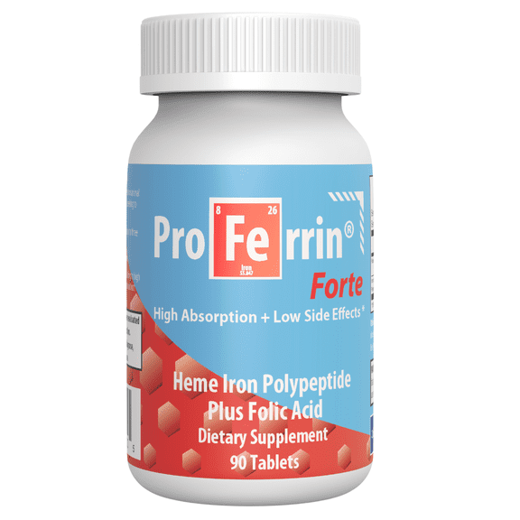 Proferrin Forte-12mg of high Absorbing Heme Iron Polypeptide. Easy on The Gut. 90 Tablets. 1mg of Folic Acid to aid in red Blood Cell Production. Not affected by Coffee, Calcium, or PPI's.