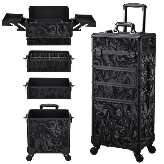 Rolling Makeup Train Case Professional 4 in 1 Cosmetology Trolley Case on Wheels Cosmetic Box Organizer Salon Barber Suitcase