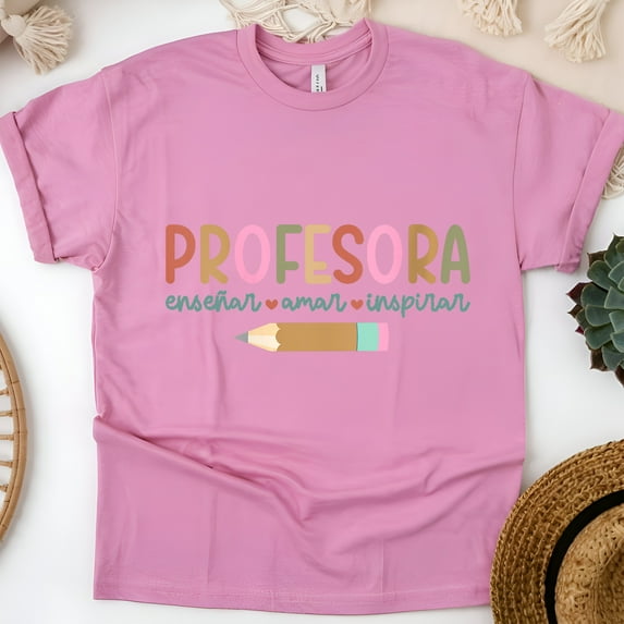 Profesora T-Shirt, Enseñar Amar Inspirar Spanish Teacher Tee, Pencil Graphic Design, Azalea, Size 2XL