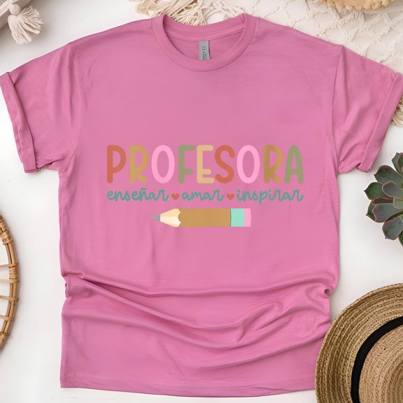 Profesora T-Shirt, Enseñar Amar Inspirar Spanish Teacher Tee, Pencil Graphic Design, Heliconia, Size XL