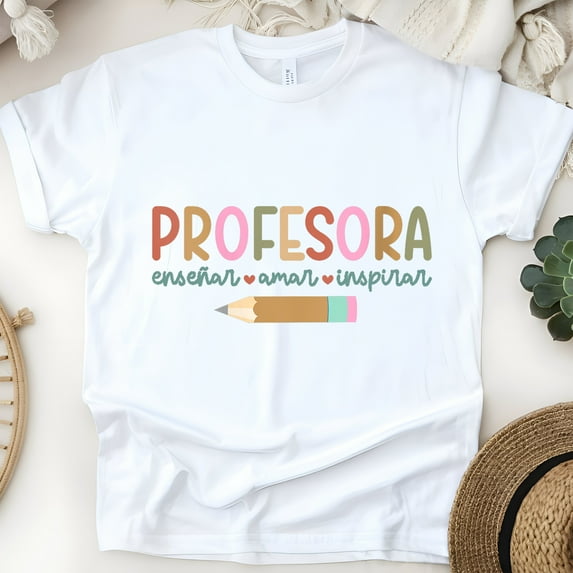 Profesora T-Shirt, Enseñar Amar Inspirar Spanish Teacher Tee, Pencil Graphic Design, White, Size S