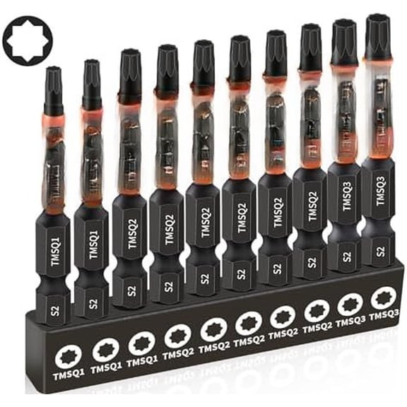 Professional 10-Pack 8 Point Torx & Double Square Bit Set - S2 Alloy Steel with Heads & Hex Shank, 8 Point Bit for (Sizes #1, #2, #3), by
