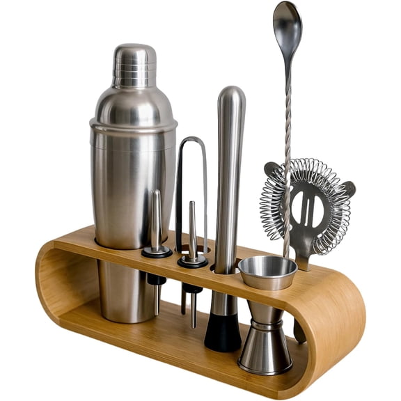 Professional 10-Piece Home Bar Set with Bamboo Stand, Martini Shaker, Jigger, Strainer, and Bar Tools in Silver - Ultimate Cocktail Kit & Gift
