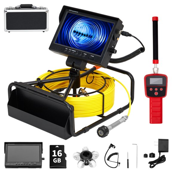 Professional 100FT Sewer Inspection Camera – 9" 1080P HD Monitor, 23mm Stainless Steel Probe, Artificial Sapphire Lens, DVR & Audio, IP68 Waterproof, 12 Adjustable LEDs, 16GB Card