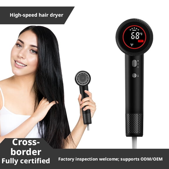 Professional 110,000 RPM High-Speed Hair Dryer - 1500W Digital Brushless Motor Styler, Real-Time LCD Temp Display with ALCI Safety Plug, Obsidian Black