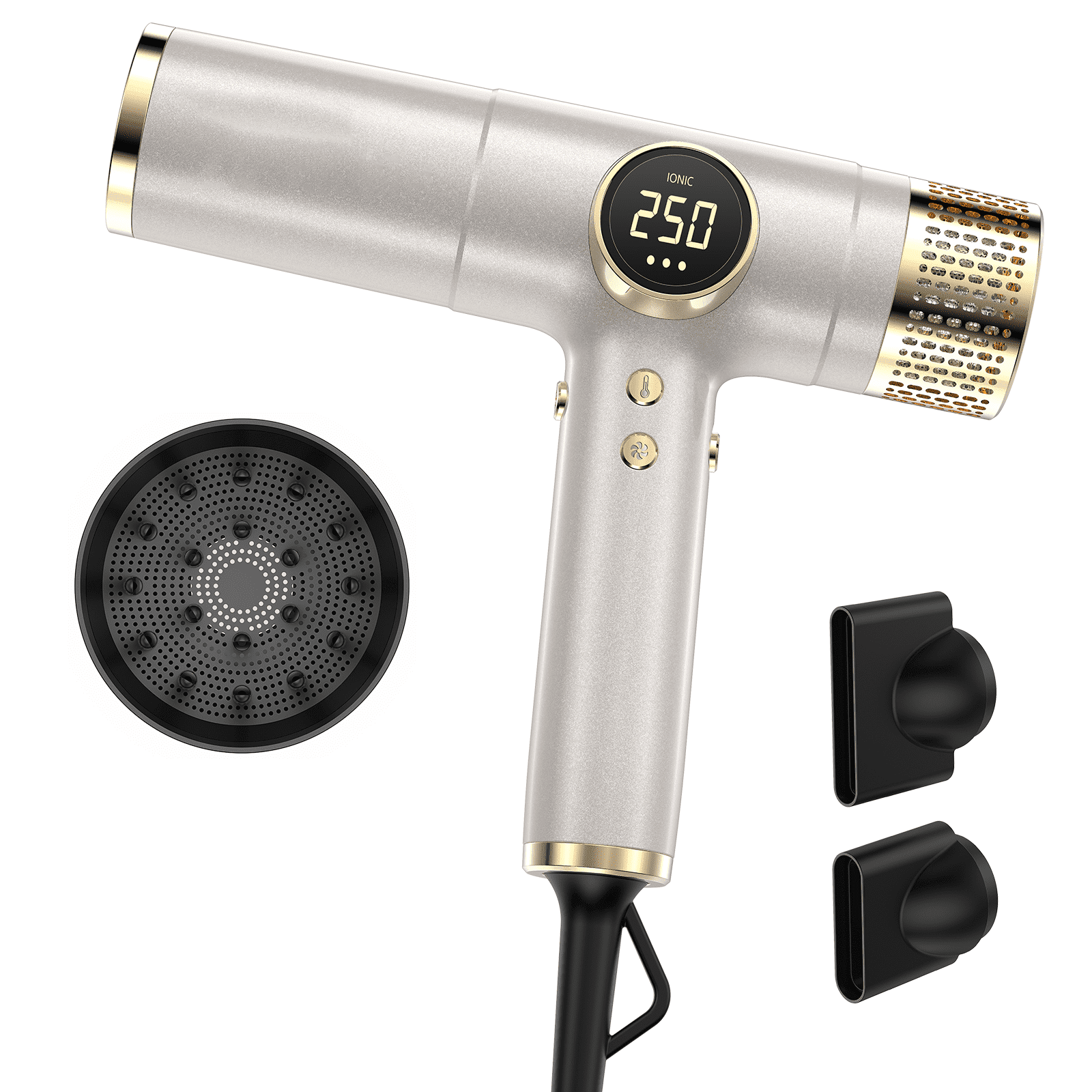 Professional 110,000 RPM High-Speed Hair Dryer with LED Display, 2000W Powerful Ionic Blow Dryer for Fast Drying, Brushless Motor Travel Dryer with Diffuser and Concentrators, Champagne Gold