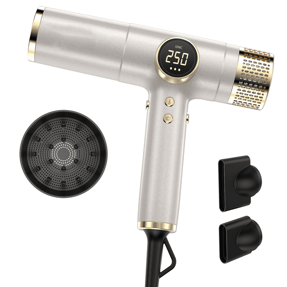Professional 110,000 RPM High-Speed Hair Dryer with LED Display, 2000W Powerful Ionic Blow Dryer for Fast Drying, Brushless Motor Travel Dryer with Diffuser and Concentrators, Champagne Gold